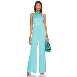 Camila Coelho Floriana Halter Jumpsuit Satin Wide Leg Bright Blue Size Small